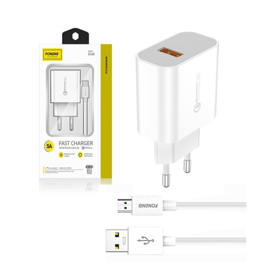 Foneng Fast USB Wall Charger EU46 with Micro Cable 3A White Foneng Fast USB Wall Charger EU46 with Micro Cable 3A White